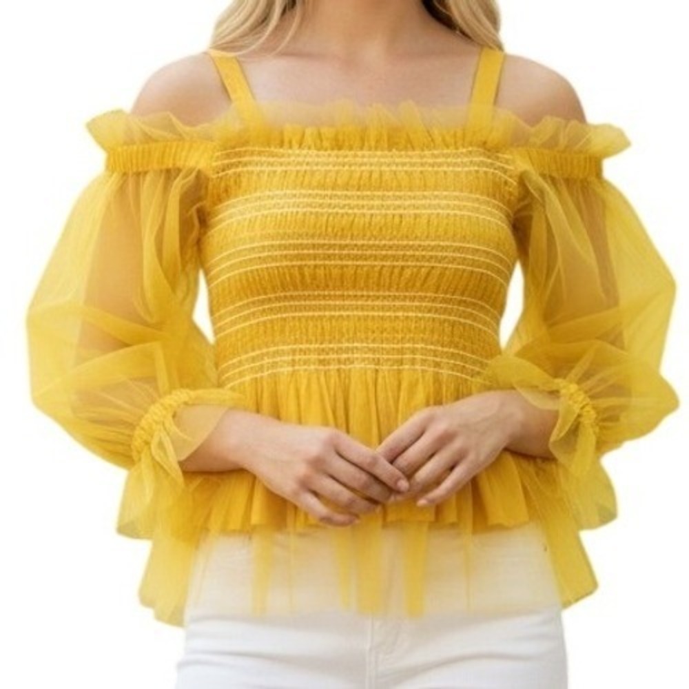 IRIS Bright Lemon‎ Yellow Smocked Cold Shoulder Tulle Puff Sleeve Peplum Top M